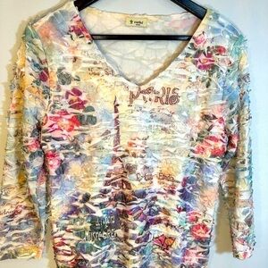Cactus Womens Size M Blouse Flower Floral Boho Retro Multicolor Ruffle Pullover